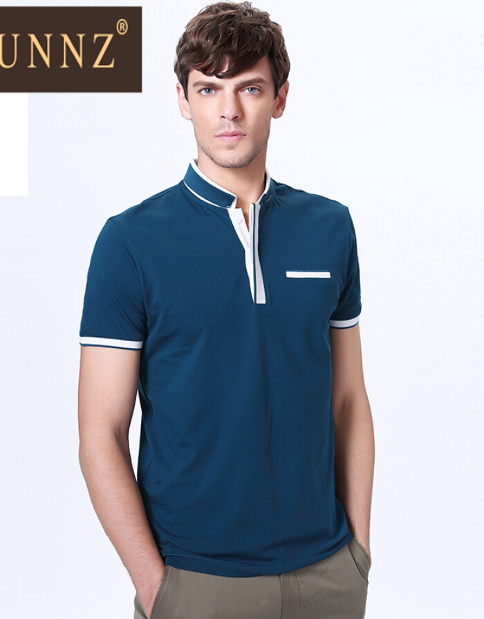 HUNNZ 2016年時尚專柜產(chǎn)品夏裝立領T恤男短袖商務休閑青年天絲棉純色體恤修身版 深藍色 170